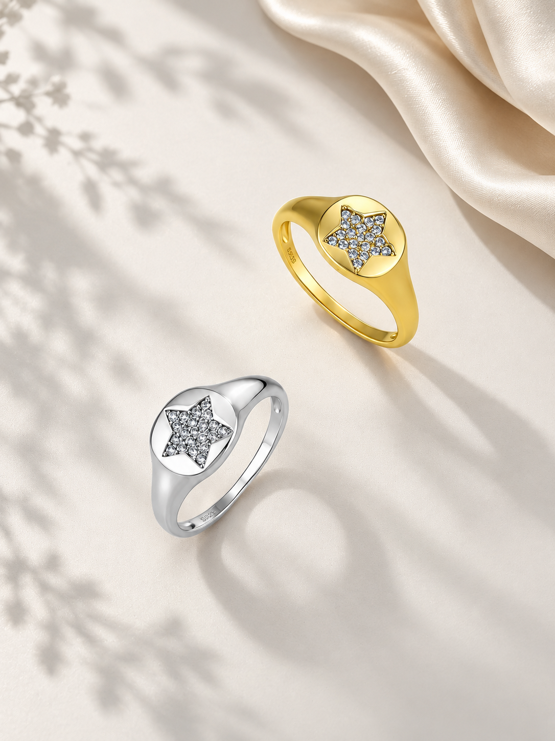 Inel Gold si Silver Starlight Signet cu Stea și Zirconii