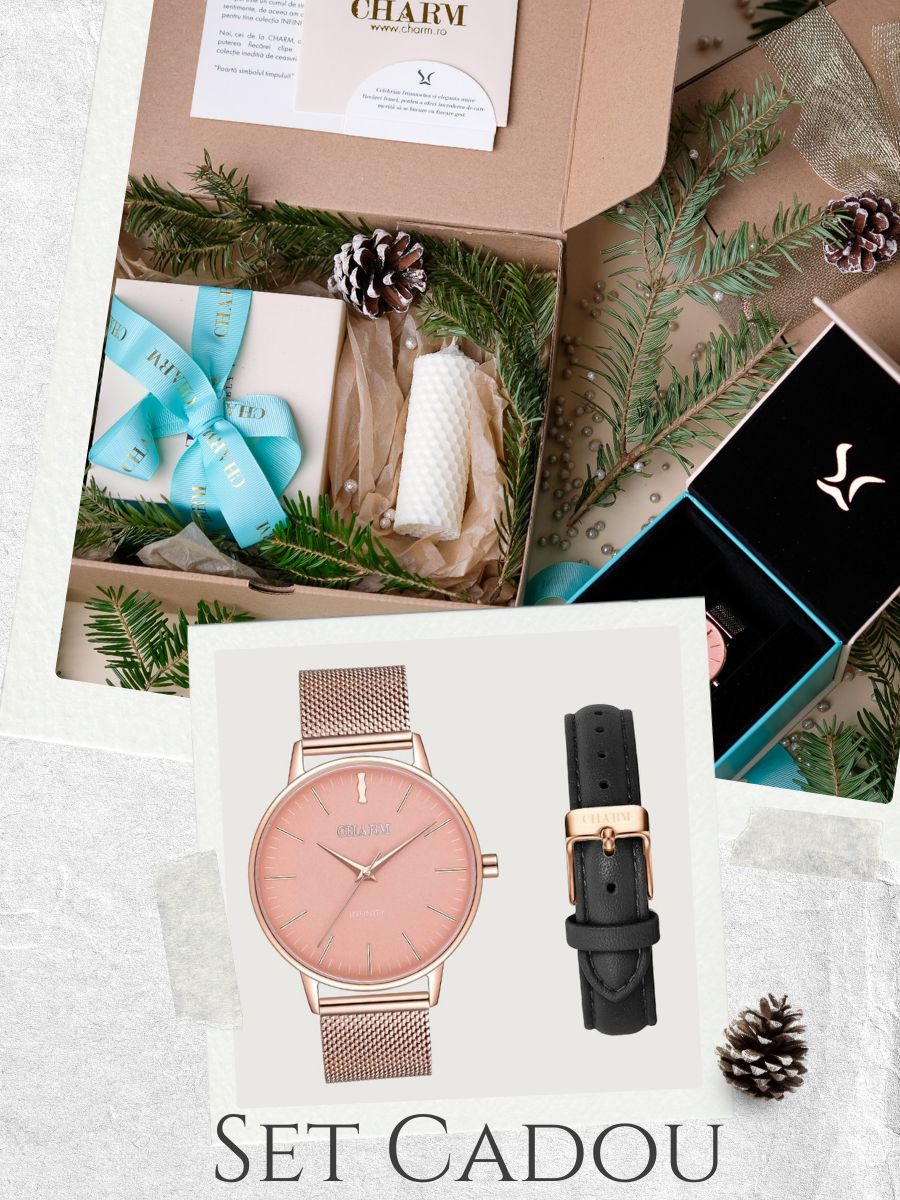 Set Cadou : Ceas Infinity Flora + Curea de piele Neagra