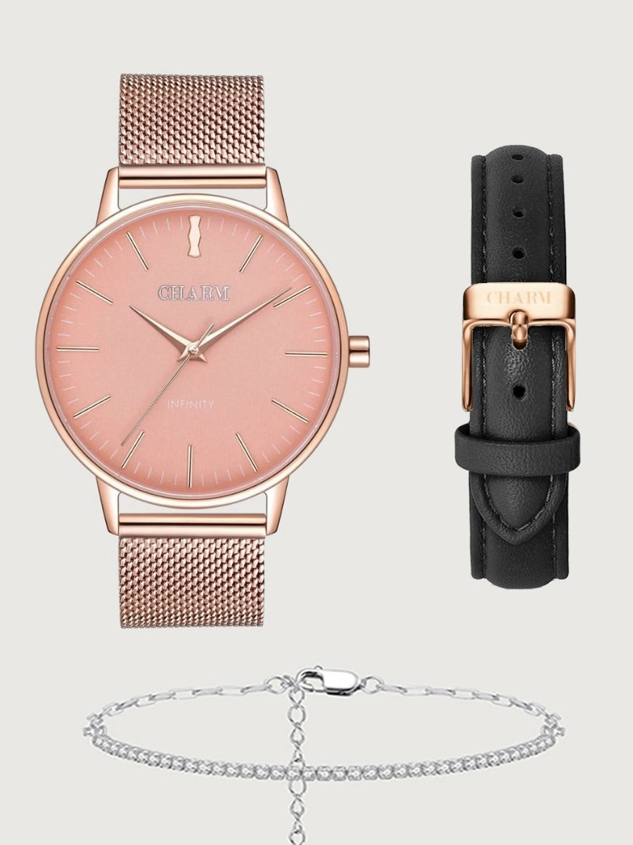 Set Cadou : Ceas Infinity Flora + Curea de piele Neagra