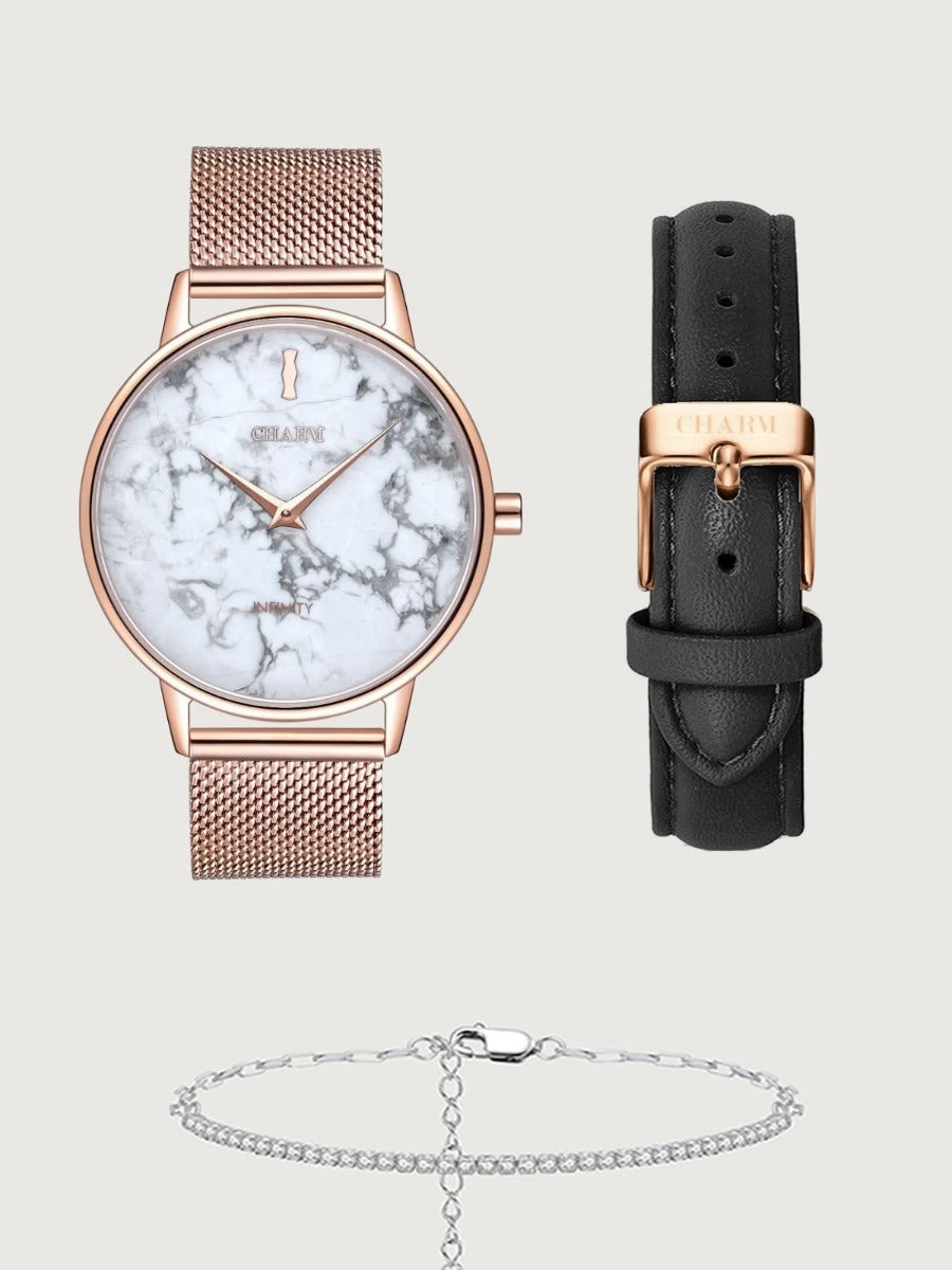 Set Cadou : Ceas Infinity Marble Theea  + Curea din piele Neagra