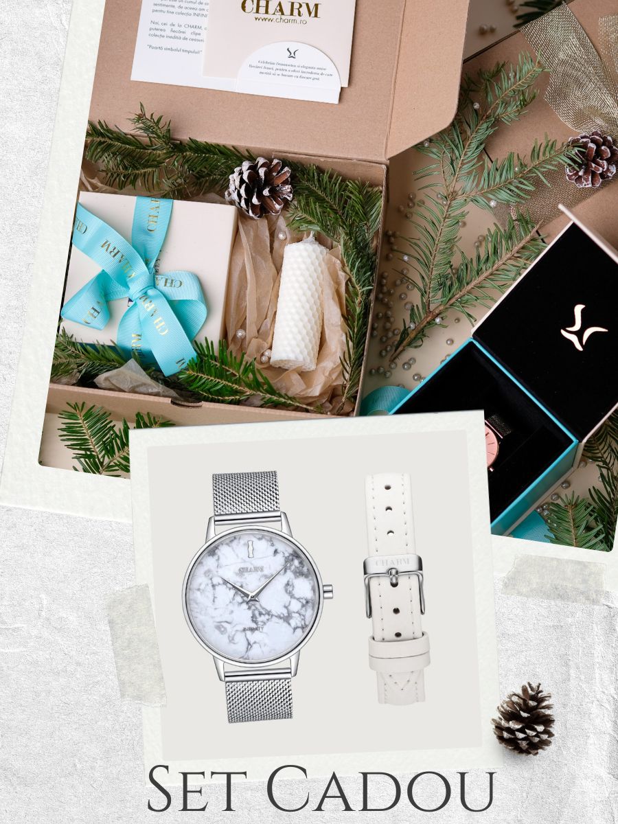 Set Cadou : Ceas Infinity Marble Freya + Curea din piele Alba