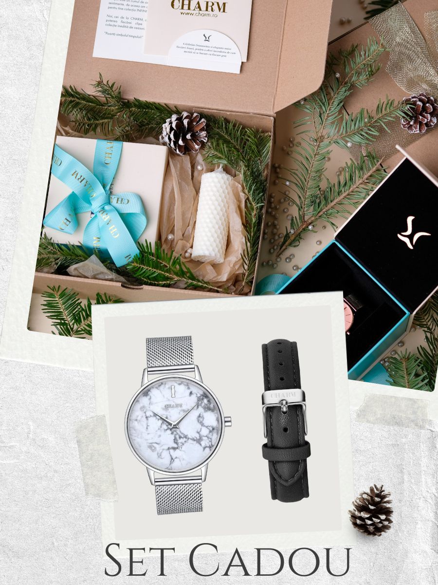 Set Cadou : Ceas Infinity Marble Freya + Curea din piele Neagra
