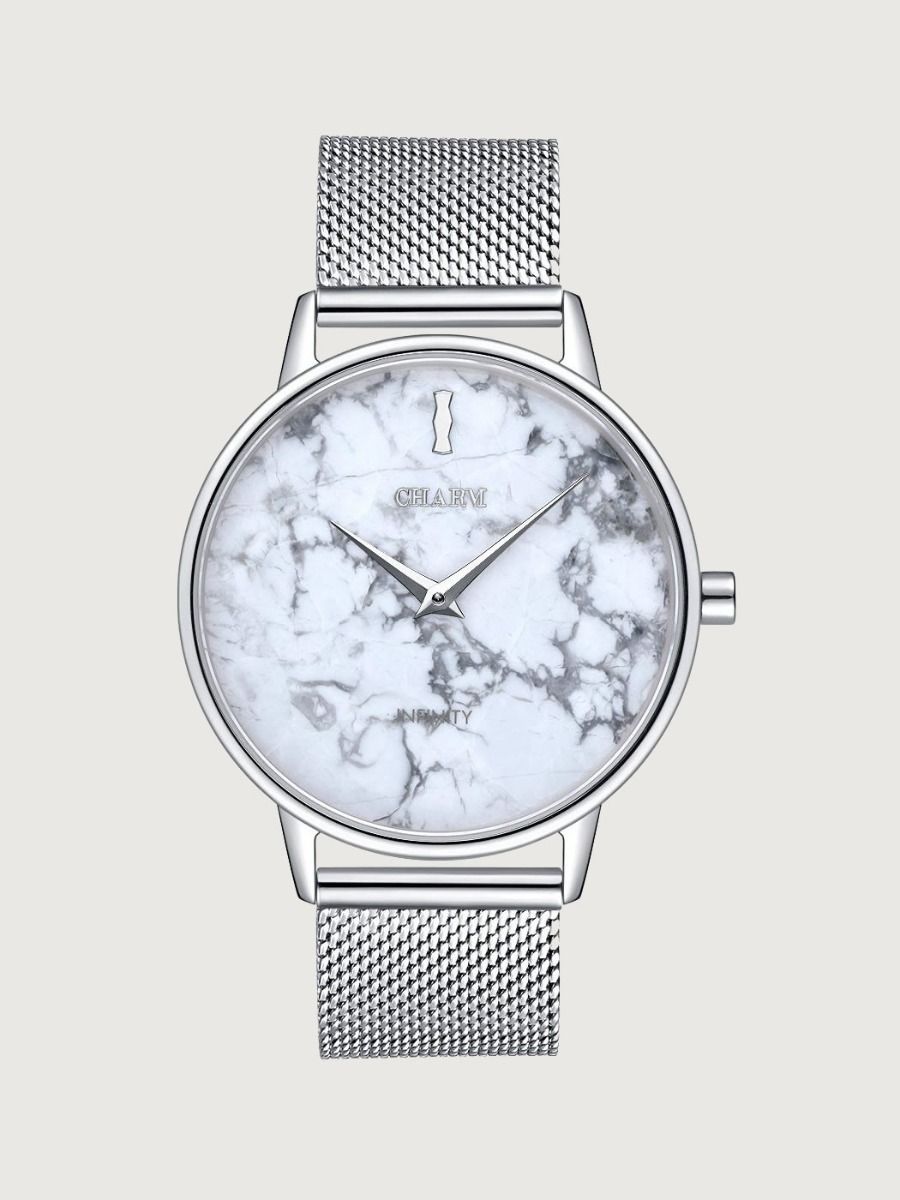 Set Cadou : Ceas Infinity Marble Freya Black + Curea din piele Alba + Curea din otel inoxidabil Rosegold