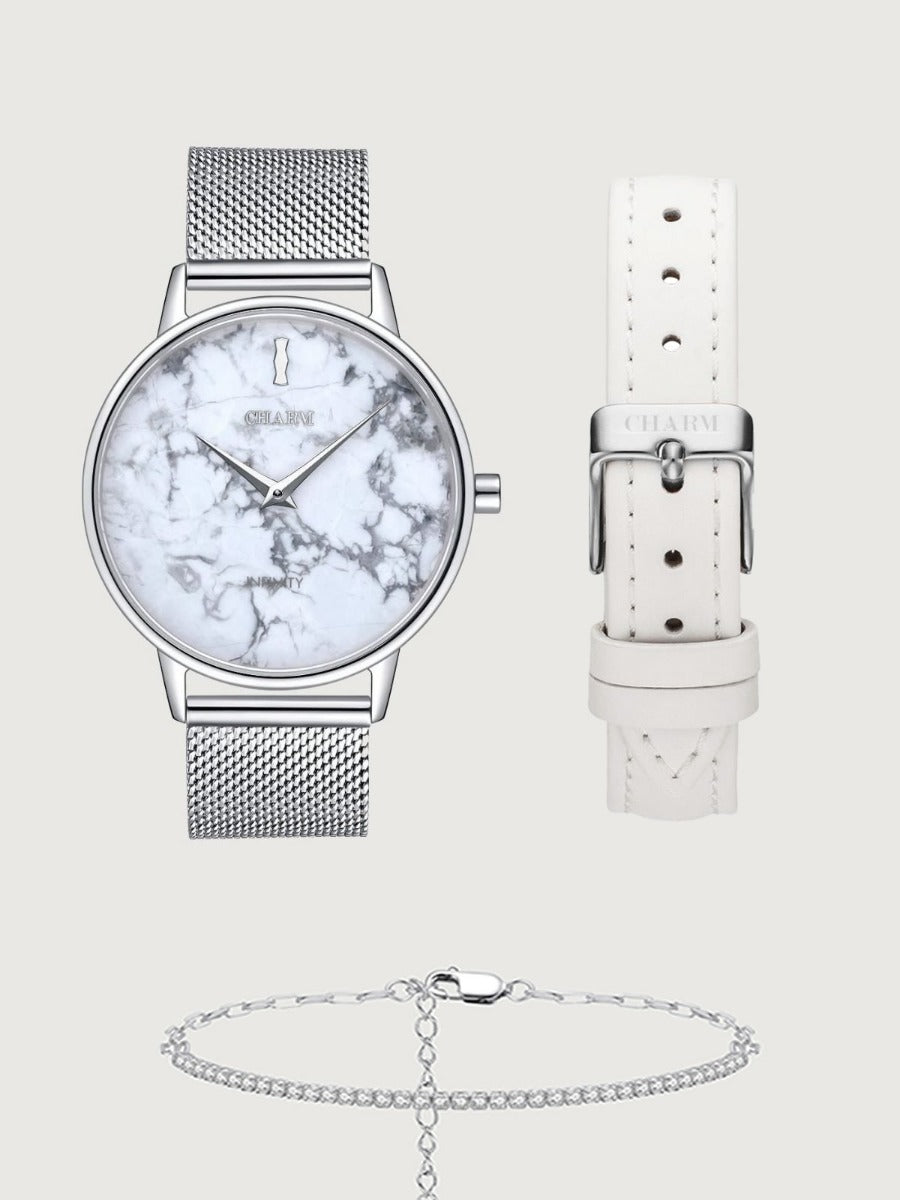 Set Cadou : Ceas Infinity Marble Freya + Curea din piele Alba