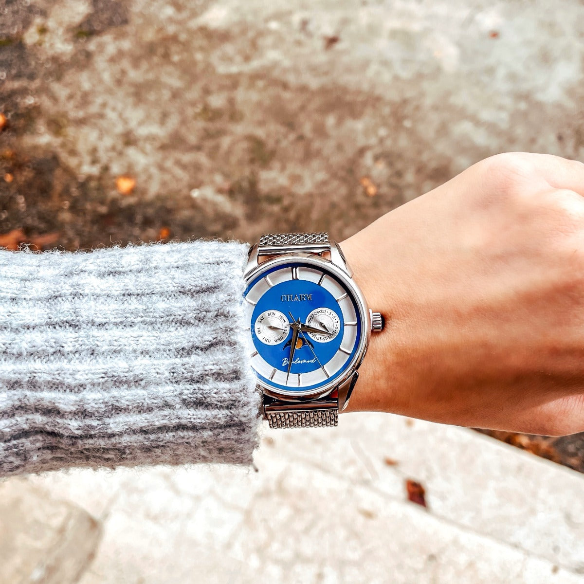 Set Unisex: Ceas Boulevard Aviatorilor Silver + Curea de piele Neagra